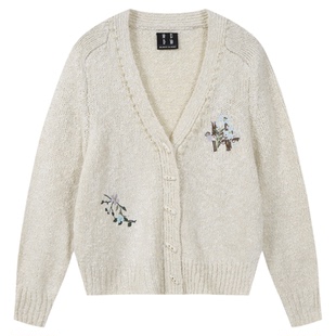 MEDM 花卉刺绣钉珠V领针织开衫潮流男女宽松纯色简约休闲毛衣春秋