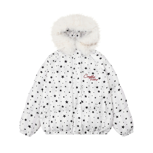 文文不乖原创美式毛领星星满印连帽面包服男女座山雕棉服加厚棉袄