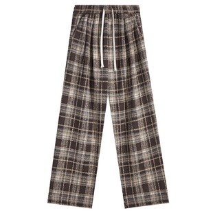 时尚加绒格子裤子女秋冬新款高腰垂坠感大码阔腿裤加厚口袋休闲裤