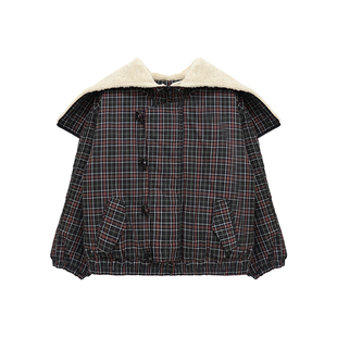 小小大星球童装冬日 毛毛大翻领连帽棉服 男女童经典防风格纹外套