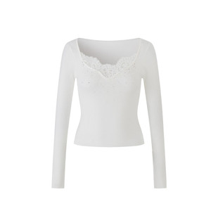 雅乔【茉白暖意】秋冬新款长袖V领针织衫烫钻蕾丝花边打底上衣女