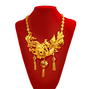 新中式仿金结婚假五金龙凤灯笼项链新娘订婚假五金摆件仿真套装女