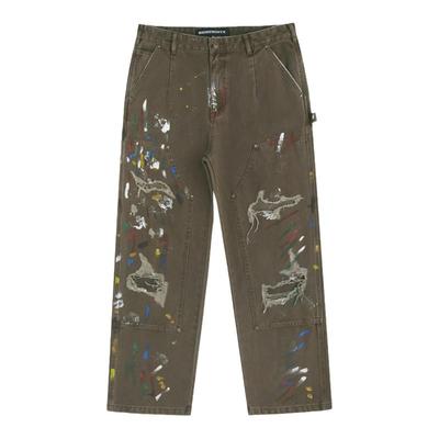 Brokenonyx 做旧手绘刷漆伐木裤美式双膝破洞画家裤宽松直筒裤男