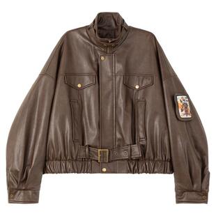 KEIKO [夹棉] 酷飒机车风棕色短款皮衣外套早春美拉德加厚皮夹克