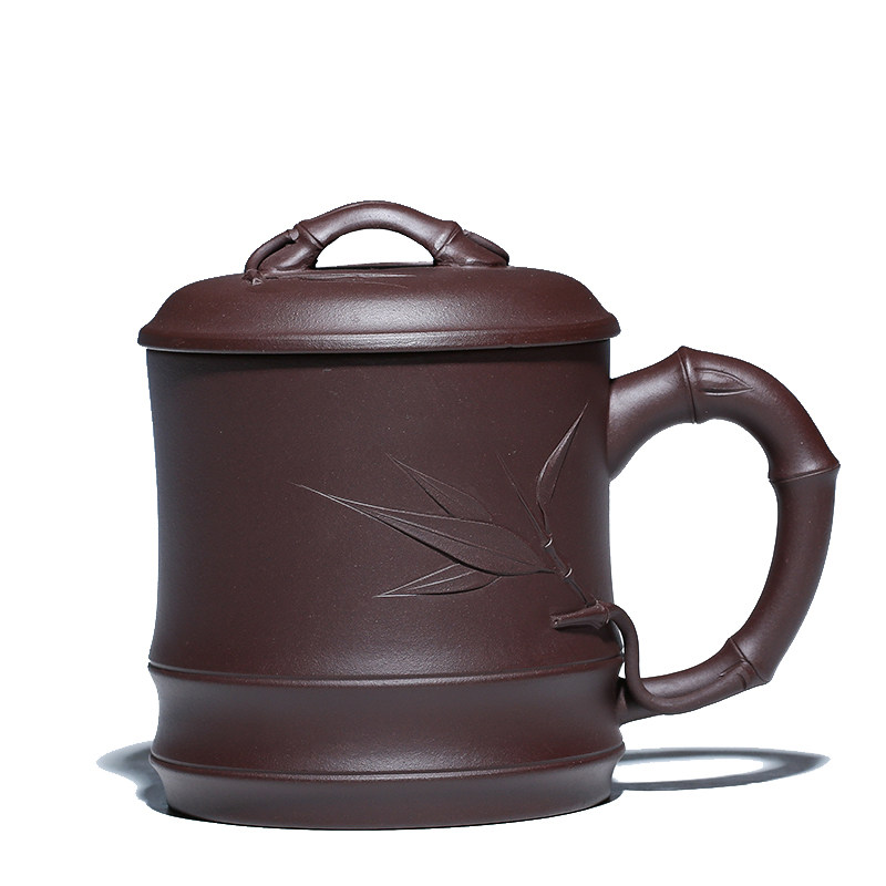 宜兴紫砂杯盖杯非陶瓷家用水杯茶具原矿老紫泥贴竹叶办公杯大茶杯