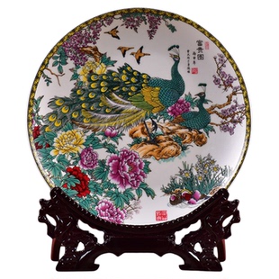 景德镇陶瓷器挂盘装饰盘子银孔雀图客厅酒柜家居装饰品工艺品摆件