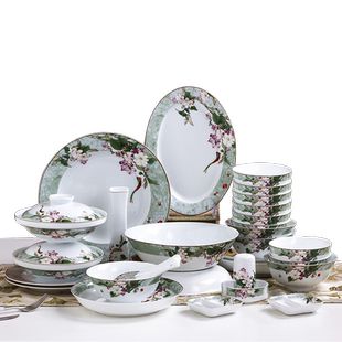 红叶陶瓷景德镇瓷器碗盘碟套装高档餐具礼品家用碗盘组合富贵海棠