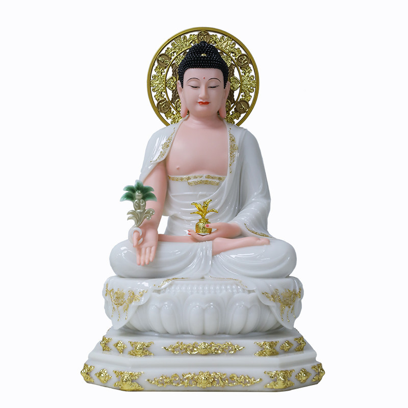 药师佛佛像汉白玉彩绘药师如来真身释迦牟尼东方三圣三宝佛摆件