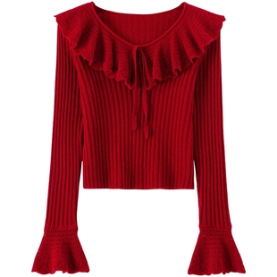 【绵羊毛】BANANA BABY2026年春季新款甜美荷叶领针织衫女喇叭袖