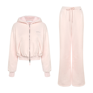 Kroche  休闲冬日 连帽环保毛绒卫衣外套高腰加绒阔腿裤套装