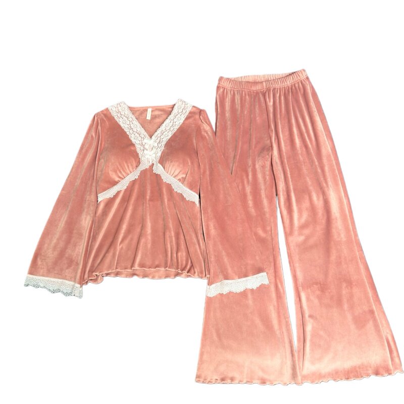 双面海岛绒女士丝绒蕾丝边睡衣套睡衣/家居服套装
