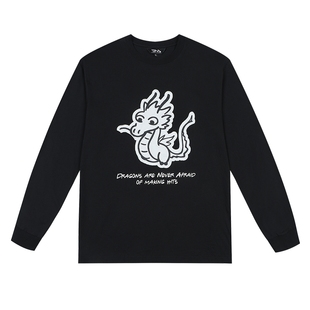 【DNA官方】2025春夏卡通龙贴布长袖T恤潮流休闲圆领套头纯棉上衣
