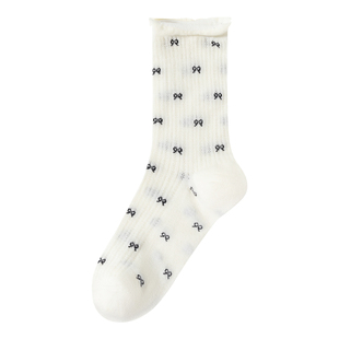 灰色袜子女春夏薄款纯色棉袜中筒堆堆袜网眼蝴蝶结搭配勃肯鞋长袜