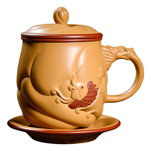 宜兴手工紫砂杯原矿段泥鱼化龙男女士大号办公水杯子家用带盖茶杯