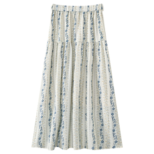 库恩玛维森系仙女青蓝色碎花半身裙女2026年早春新款松紧腰A字裙