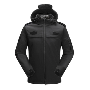 冬季户外特勤冲锋衣加厚加绒保暖保安执勤风衣棉服外套黑色上衣男