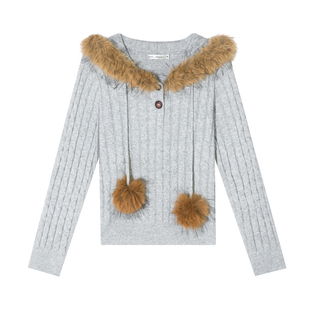 AsGony针织衫女款扭花连帽毛领套头短款毛衣2025冬季新款官方授权