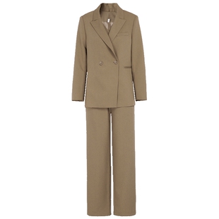 马天奴秋季新款女卡其西装西服外套马甲西裤阔腿裤子三件套装时尚