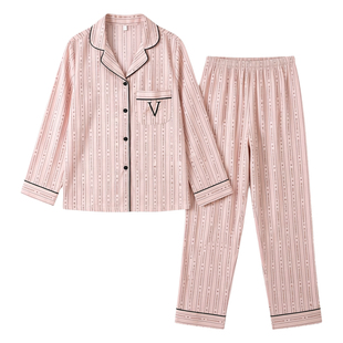 维多利亚高端轻奢真丝睡衣V字条纹字母印花家居服套装专柜礼盒装