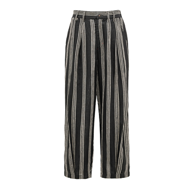 庶人日系文艺复古条纹棉麻阔腿裤