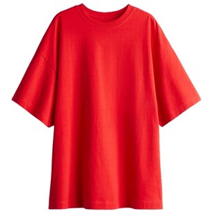 HM女装红色T恤冬季打底汗布罗纹领口大廓形T恤1137208