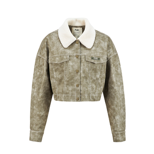 PUKI 毛领皮夹克 重工水洗翻毛领短款辣妹复古短外套夹克