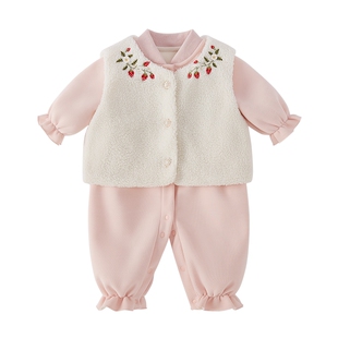 [抗菌远红外]婴儿连体衣秋冬女婴两件套哈衣新生套装一岁宝宝衣服