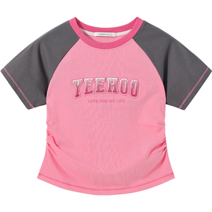 英氏女童短袖T恤2026春夏新款儿童拼接字母圆领中小童短款上衣