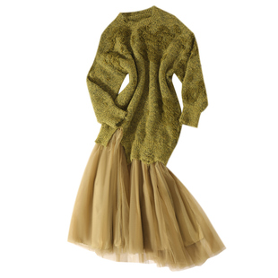 大于诗集 不期而遇 慵懒风小众肌理感针织拼接网纱连衣裙宽松长裙