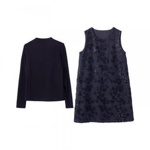 宝诗黎两件套打底刺绣背心连衣裙2026春季韩系小香风宽松小黑裙