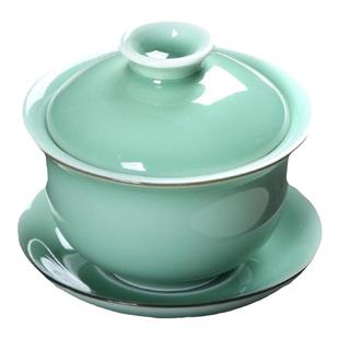 青瓷盖碗单个功夫茶碗带盖三才茶杯龙泉陶瓷家用纯手工泡茶具套装