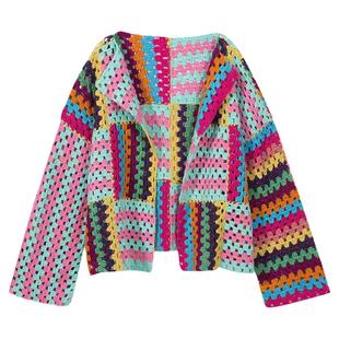 衣原布品沈月同款早秋时尚毛衣女设计感洋气彩虹条纹勾花宽松外套