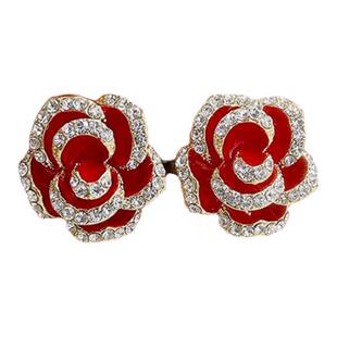 925纯银针轻奢高级感民族风红色山茶花耳钉精致玫瑰花瓣耳饰耳环