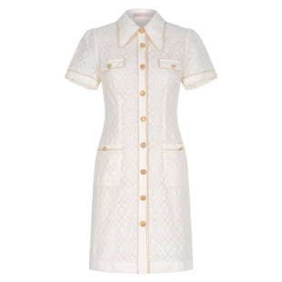 固执夏季新款小香风蕾丝排扣短袖气质短款连衣裙80142LQ09274