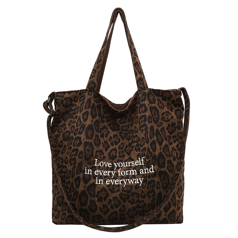 韩系小众豹纹帆布包秋冬新款休闲慵懒风单肩包大容量通勤托特包包