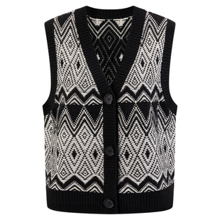 DTLANDO冬季女装民族风几何图案H版叠穿V领无袖针织马甲外套上衣