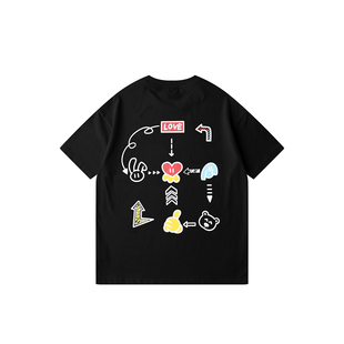 LAMLICKA飞行棋印花短袖街头风美式潮牌ins宽松上衣圆领纯棉T恤衫