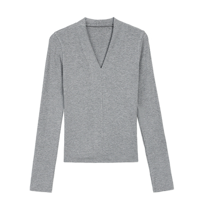 黑色v领长袖t恤修身针织上衣