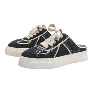 Jifffly半拖帆布鞋子女2025新款夏季小香风包头一脚蹬懒人板鞋女