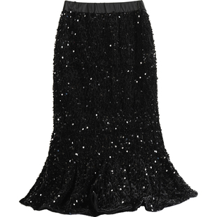 千金风高级女童鱼尾裙黑色亮片礼服儿童半身裙秋冬款女孩包臀长裙