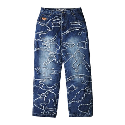 ACUSA美式街头忍者战斗体术形态重工贴布毛边刺绣洗水牛仔长裤男