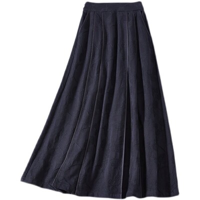 晓天 秋冬禅意女装中式国风加厚棉麻绣花高腰大摆半身长裙马面裙