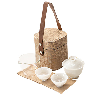 一品仟堂羊脂玉旅行茶具盖碗茶杯套装德化璞玉描金浮雕便携快客杯