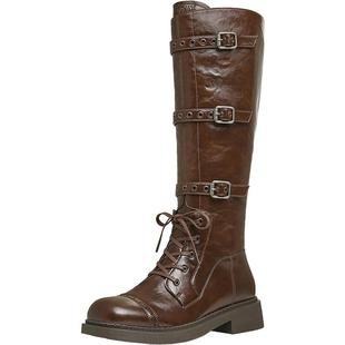 天美意复古西部靴加绒骑士靴长靴女高筒靴皮靴冬新款KQZ04DG4