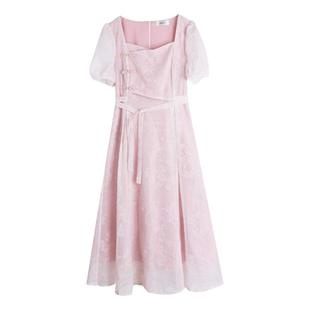 大码女装新中式复古连衣裙200斤胖mm方领盘扣中长款蕾丝连衣裙女