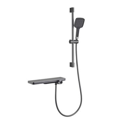 全铜增压喷头枪灰色简易浴缸龙头挂墙式置物台冷热淋浴花洒套装