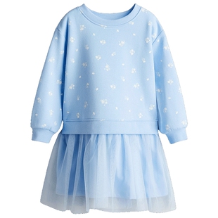 HM童装儿童女童连衣裙圆领落肩长袖梭织裙摆卫衣连衣短裙1266296