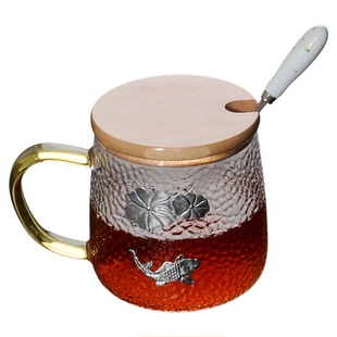 玻璃水杯办公室女带盖耐热茶杯300ml个性贴锡把手杯子高档