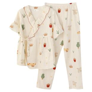 富朵月子服夏季纯棉纱布薄款短袖长裤孕期睡衣产后哺乳和服家居服