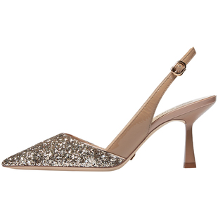 Shiny Shara/诗莎春夏新款亮片拼色后空细跟高跟鞋包头时装凉鞋女